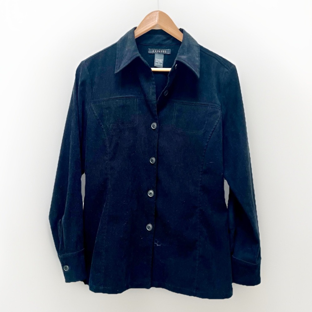 Express Black Faux Suede Button Down Shirt Long Sleeve Fitted Career Top